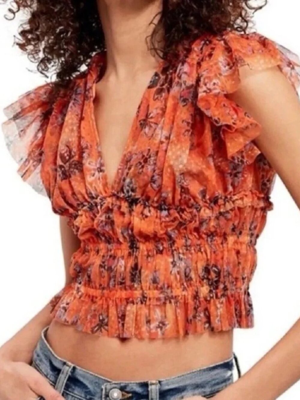 Free People Orange Tulle Blouse Size M